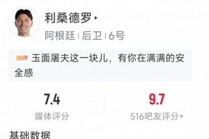 利桑德罗表现：解围3次，抢断2次，对抗成功2次，得分7.4分