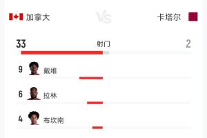 加拿大6-0大胜卡塔尔:全场数据解析:射门33-2,射正10-0,控球率79%-21%