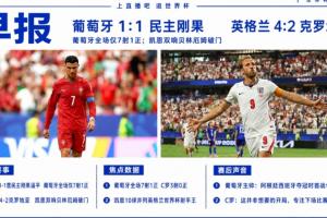 世界杯晨报：葡萄牙1-1战平民主刚果取得世界杯首分；英格兰4-2击败克罗地亚